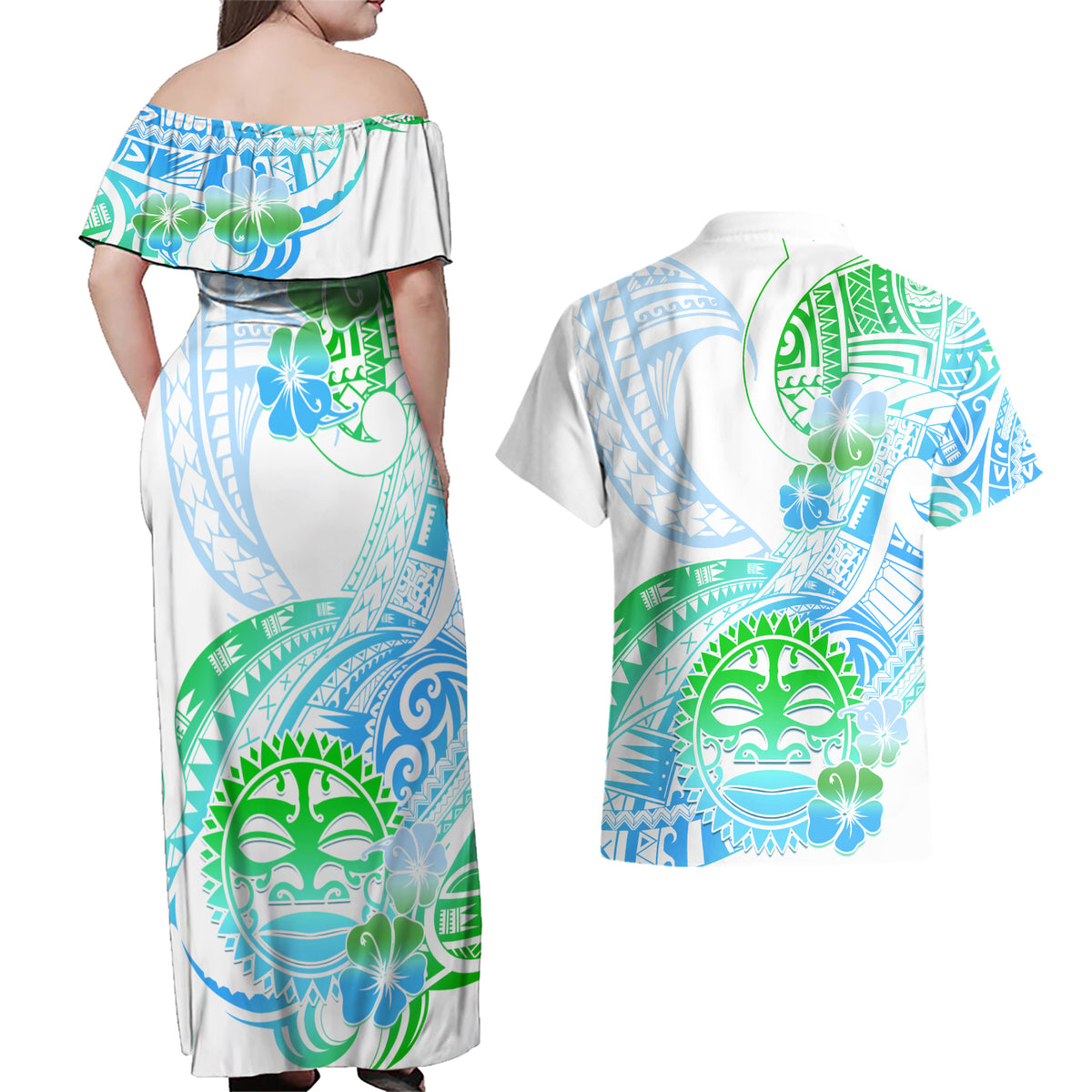 Kia Ora Maori New Zealand Pastel Couples Matching Off Shoulder Maxi Dress and Hawaiian Shirt Sun Ta Moko Aqua Green Version LT01 - Polynesian Pride