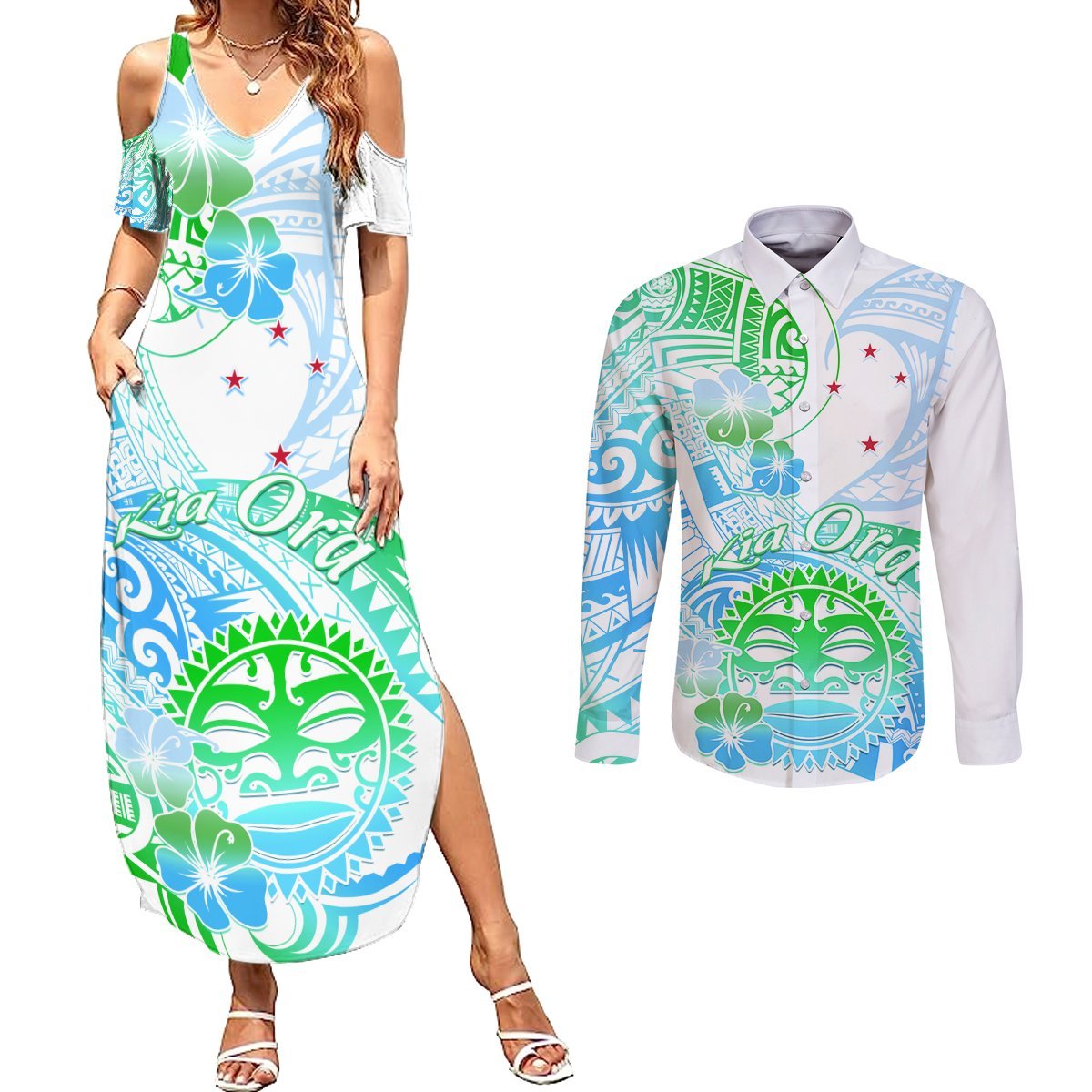Kia Ora Maori New Zealand Pastel Couples Matching Summer Maxi Dress and Long Sleeve Button Shirt Sun Ta Moko Aqua Green Version LT01 Aqua - Polynesian Pride