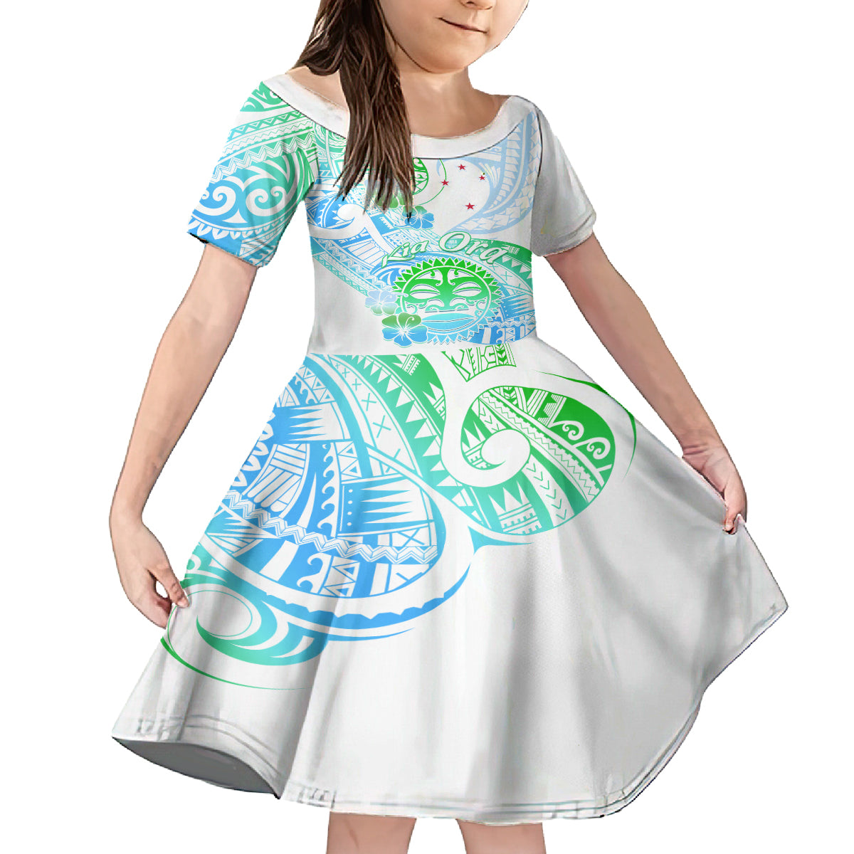 Kia Ora Maori New Zealand Pastel Family Matching Off Shoulder Maxi Dress and Hawaiian Shirt Sun Ta Moko Aqua Green Version LT01 Daughter's Dress Aqua - Polynesian Pride