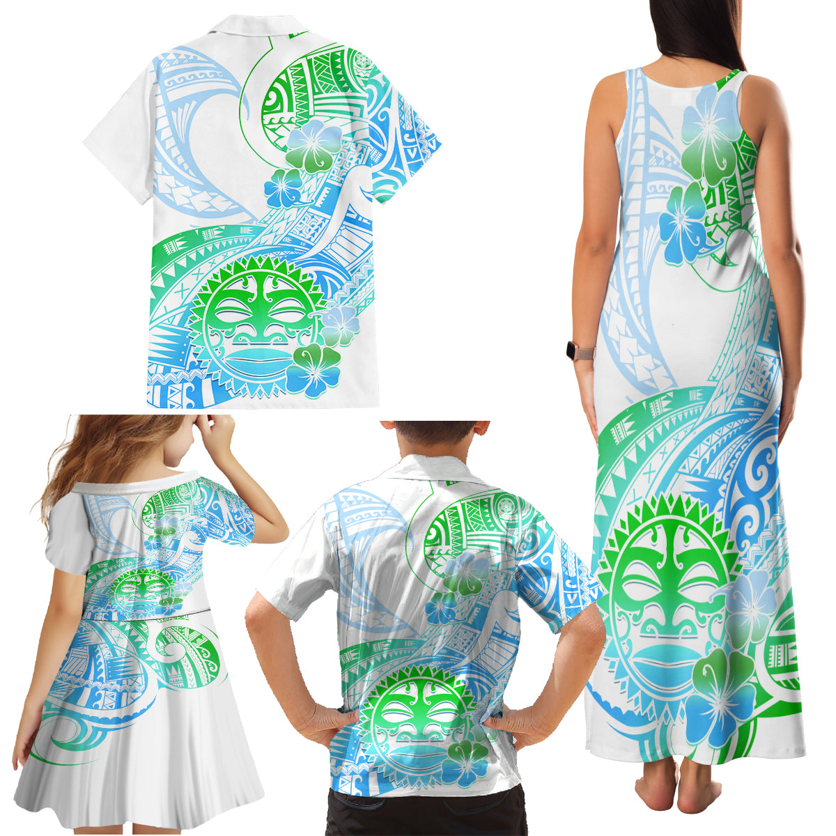 Kia Ora Maori New Zealand Pastel Family Matching Tank Maxi Dress and Hawaiian Shirt Sun Ta Moko Aqua Green Version LT01 - Polynesian Pride