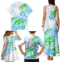 Kia Ora Maori New Zealand Pastel Family Matching Tank Maxi Dress and Hawaiian Shirt Sun Ta Moko Aqua Green Version LT01 - Polynesian Pride