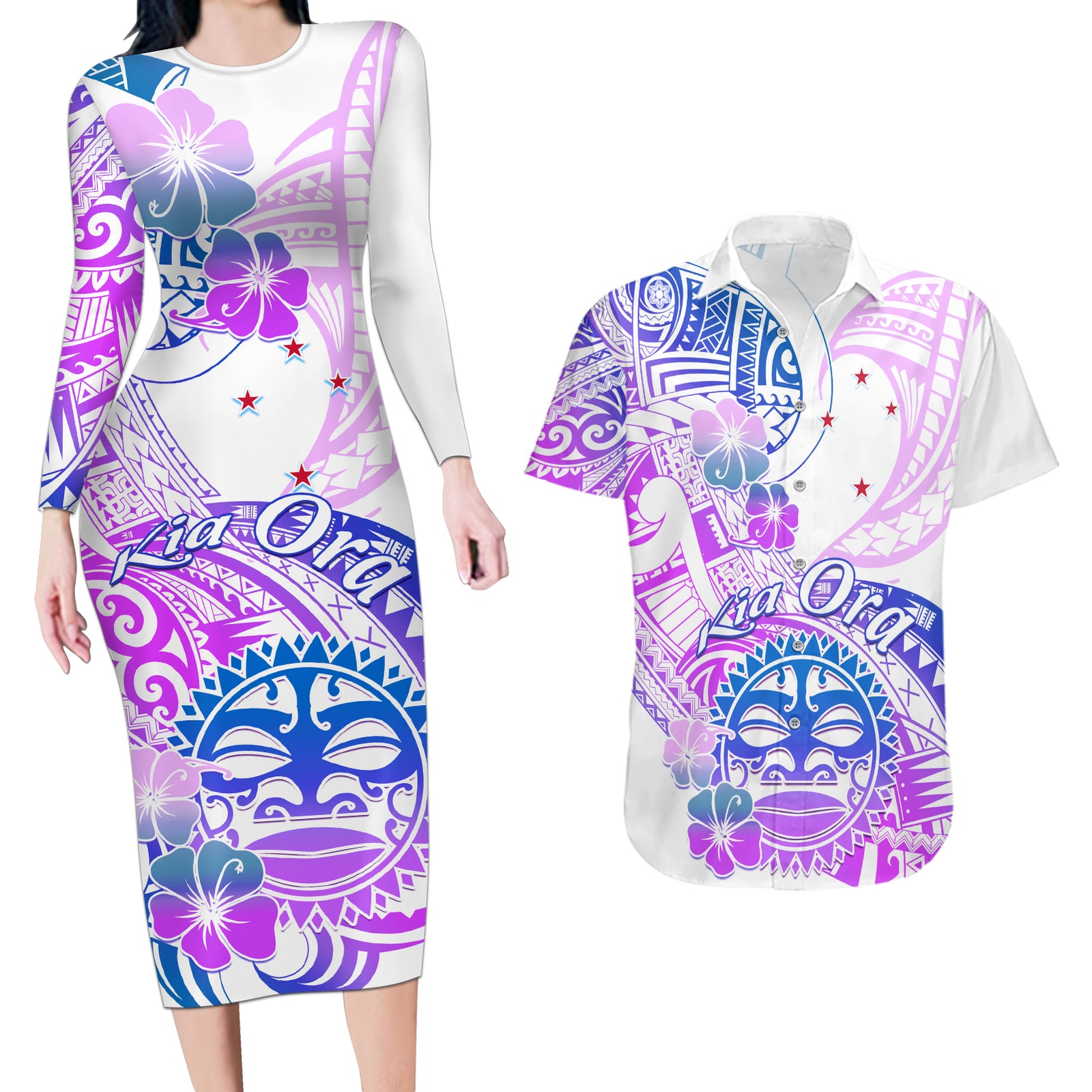 Kia Ora Maori New Zealand Pastel Couples Matching Long Sleeve Bodycon Dress and Hawaiian Shirt Sun Ta Moko Lilac Version LT01 Purple - Polynesian Pride