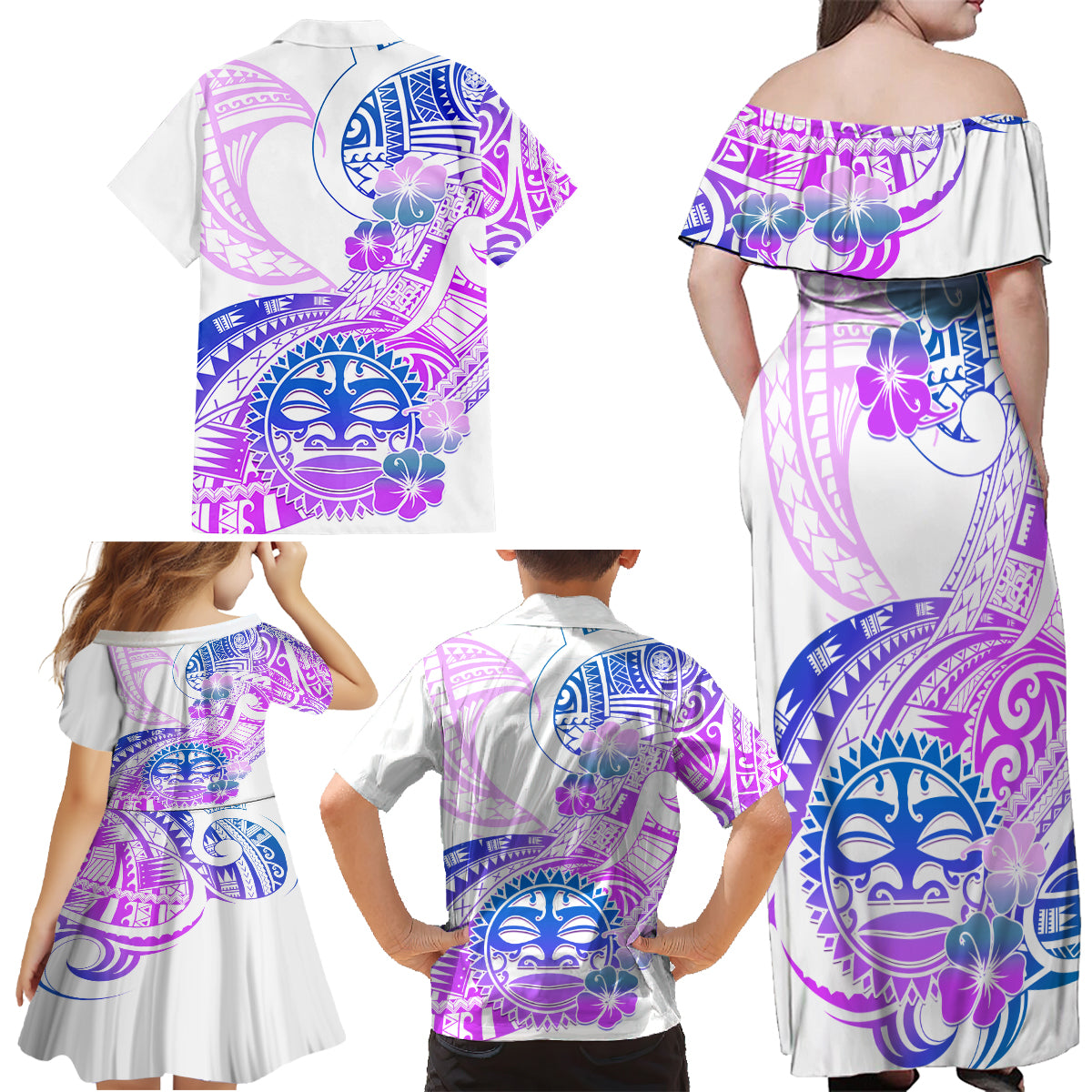 Kia Ora Maori New Zealand Pastel Family Matching Off Shoulder Maxi Dress and Hawaiian Shirt Sun Ta Moko Lilac Version LT01 - Polynesian Pride