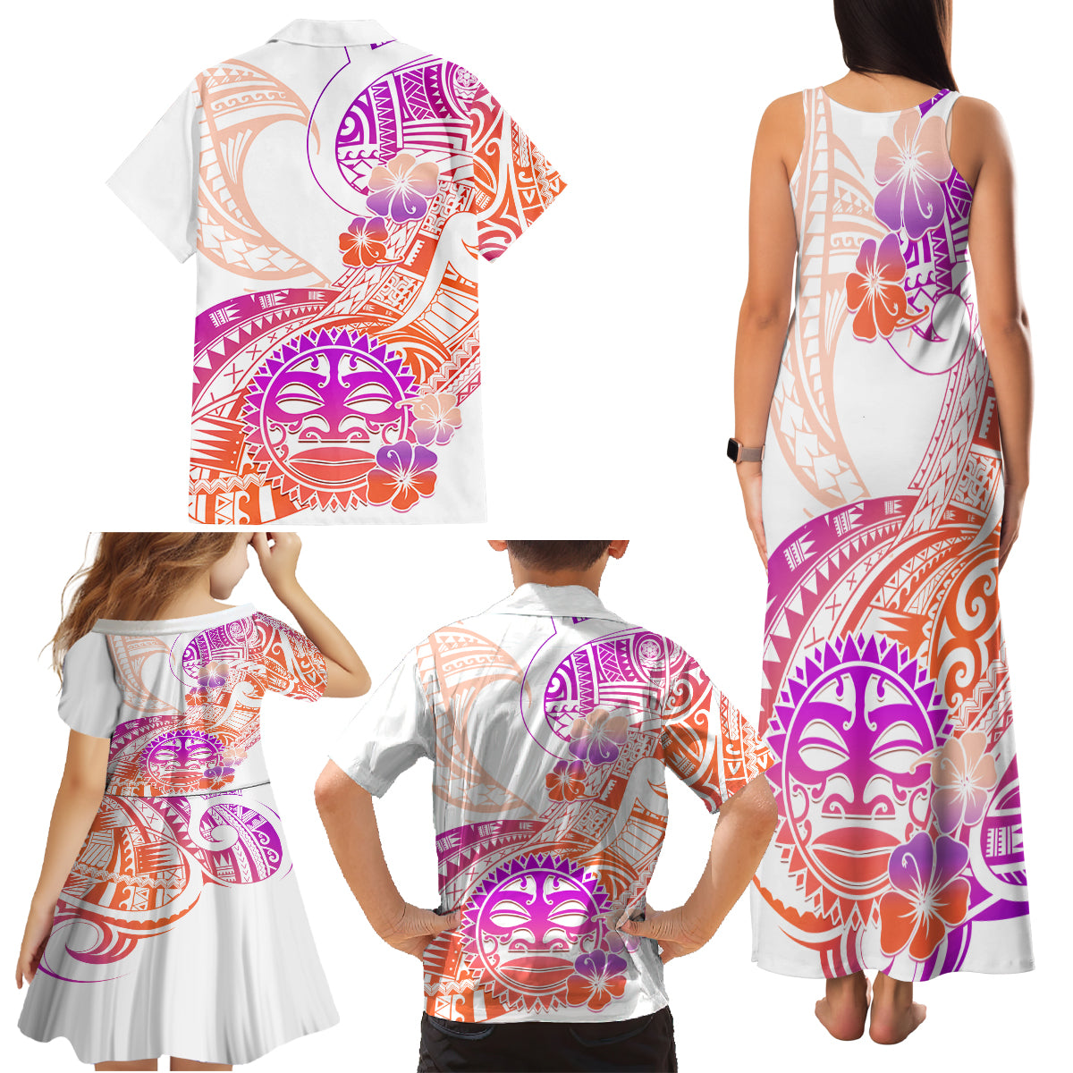 Kia Ora Maori New Zealand Pastel Family Matching Tank Maxi Dress and Hawaiian Shirt Sun Ta Moko Sunset Version LT01 - Polynesian Pride