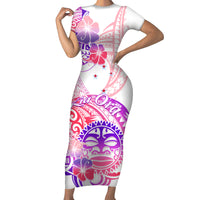 Kia Ora Maori New Zealand Pastel Short Sleeve Bodycon Dress Sun Ta Moko Sweet Version LT01 Long Dress Pink - Polynesian Pride