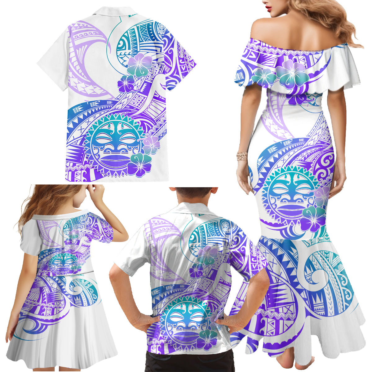 Kia Ora Maori New Zealand Pastel Family Matching Mermaid Dress and Hawaiian Shirt Sun Ta Moko Violet Version LT01 - Polynesian Pride