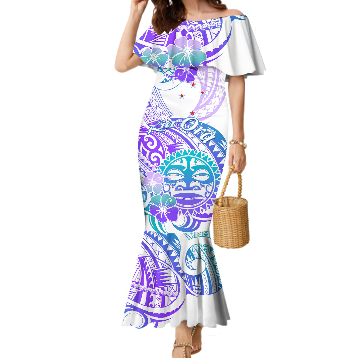 Kia Ora Maori New Zealand Pastel Family Matching Mermaid Dress and Hawaiian Shirt Sun Ta Moko Violet Version LT01 Mom's Dress Purple - Polynesian Pride