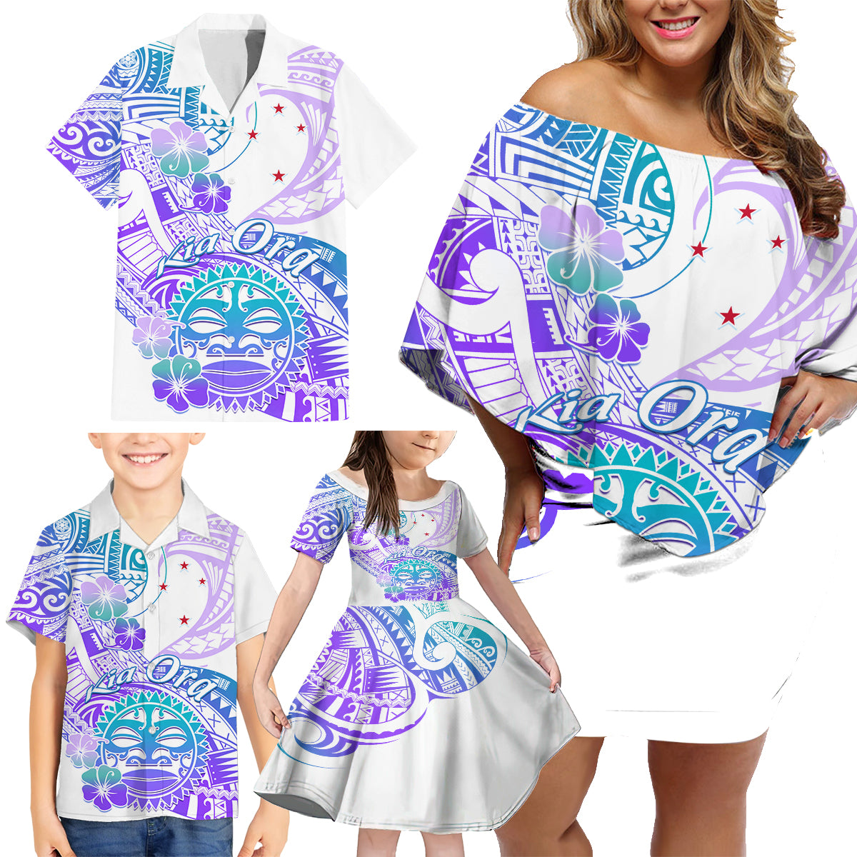 Kia Ora Maori New Zealand Pastel Family Matching Off Shoulder Short Dress and Hawaiian Shirt Sun Ta Moko Violet Version LT01 - Polynesian Pride
