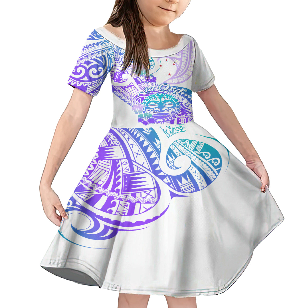 Kia Ora Maori New Zealand Pastel Family Matching Summer Maxi Dress and Hawaiian Shirt Sun Ta Moko Violet Version LT01 Daughter's Dress Purple - Polynesian Pride