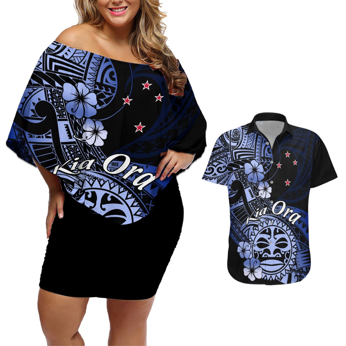 Aotearoa Kia Ora New Zealand Ta Moko Blue Version Couples Matching Off Shoulder Short Dress and Hawaiian Shirt LT01 Blue - Polynesian Pride