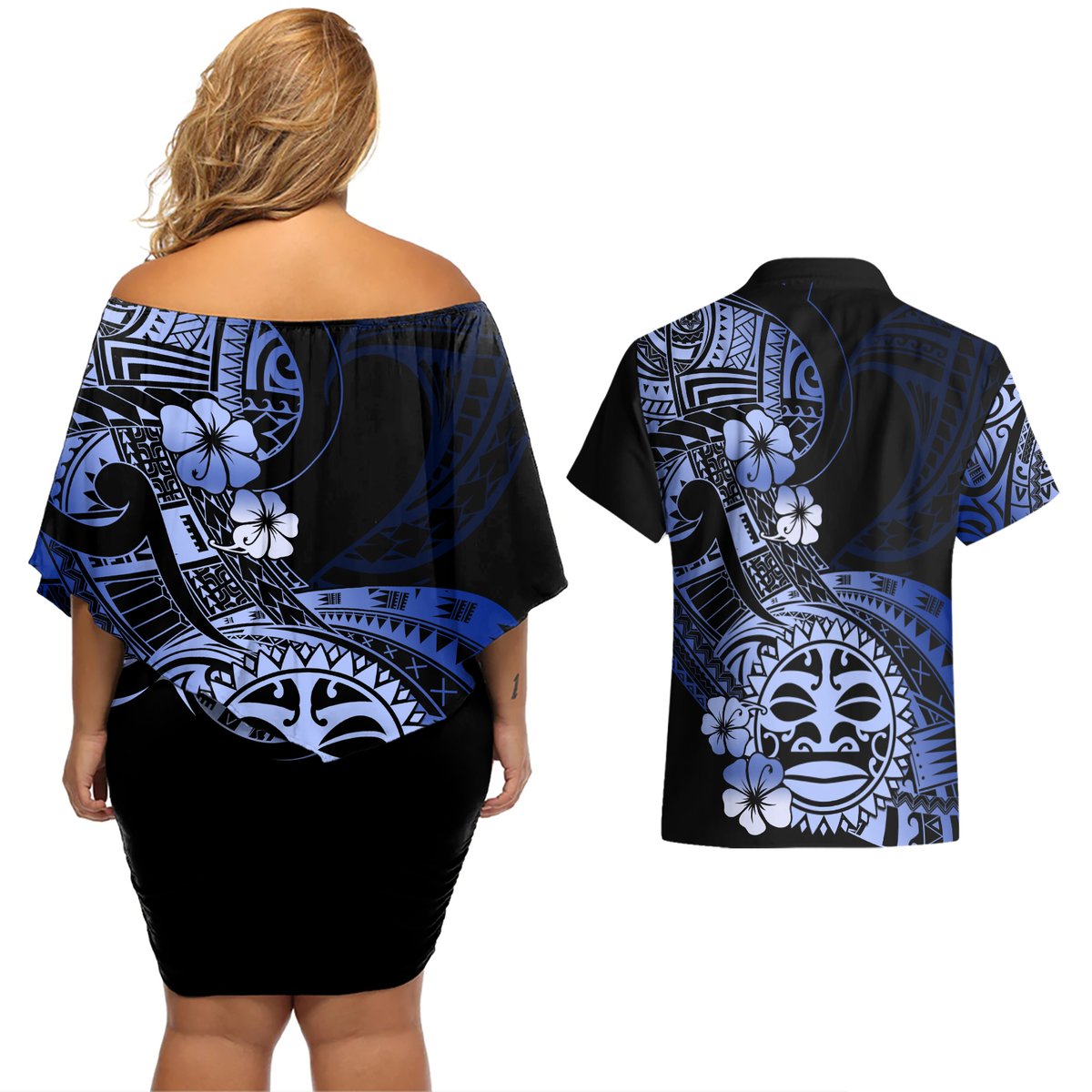 Aotearoa Kia Ora New Zealand Ta Moko Blue Version Couples Matching Off Shoulder Short Dress and Hawaiian Shirt LT01 - Polynesian Pride