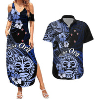 Aotearoa Kia Ora New Zealand Ta Moko Blue Version Couples Matching Summer Maxi Dress and Hawaiian Shirt LT01 Blue - Polynesian Pride