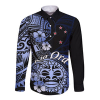 Aotearoa Kia Ora New Zealand Ta Moko Blue Version Long Sleeve Button Shirt LT01 Unisex Blue - Polynesian Pride