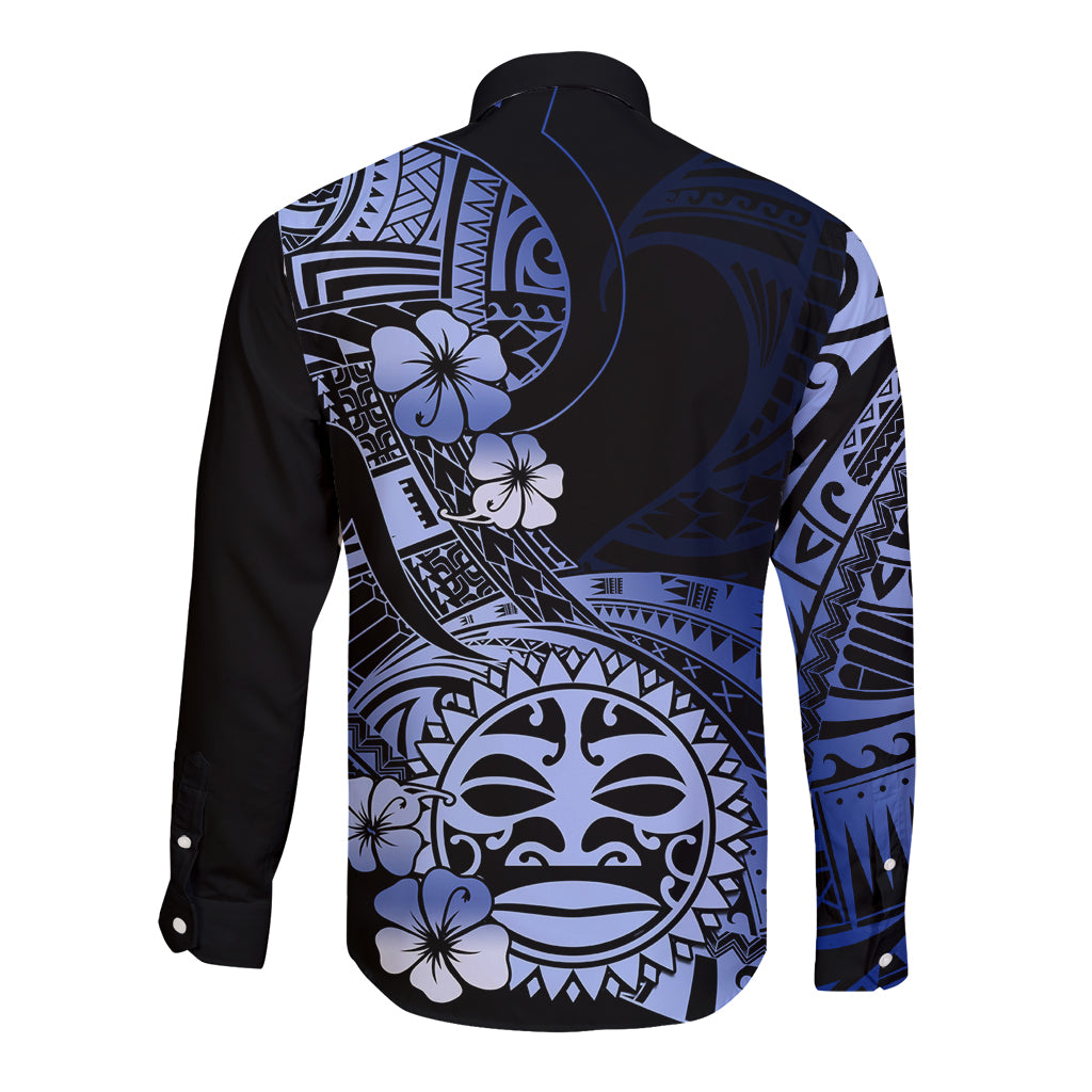 Aotearoa Kia Ora New Zealand Ta Moko Blue Version Long Sleeve Button Shirt LT01 - Polynesian Pride