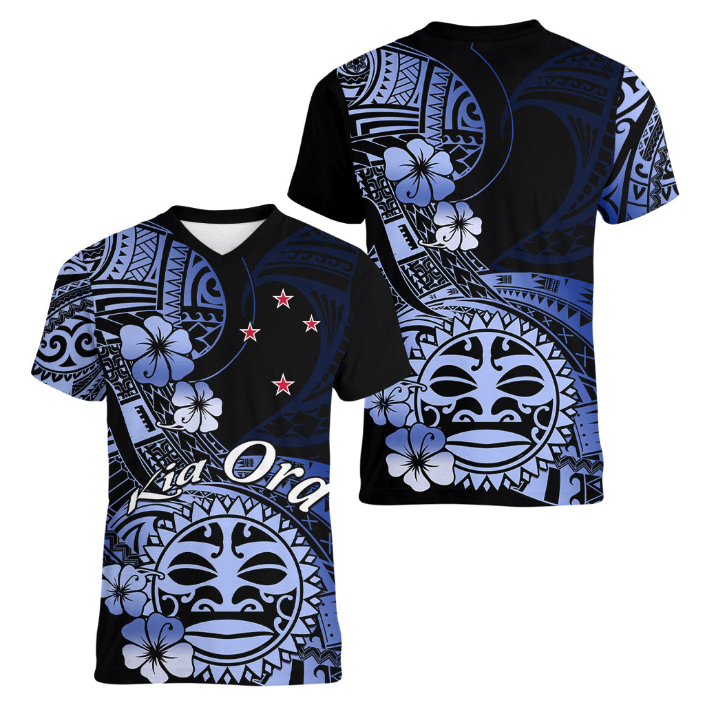 Aotearoa Kia Ora New Zealand Ta Moko Blue Version Women V Neck T Shirt LT01 - Polynesian Pride