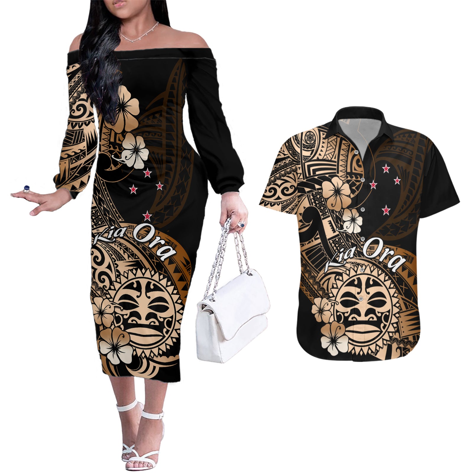 Aotearoa Kia Ora New Zealand Ta Moko Gold Version Couples Matching Off The Shoulder Long Sleeve Dress and Hawaiian Shirt LT01 Gold - Polynesian Pride