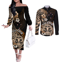 Aotearoa Kia Ora New Zealand Ta Moko Gold Version Couples Matching Off The Shoulder Long Sleeve Dress and Long Sleeve Button Shirt LT01 Gold - Polynesian Pride