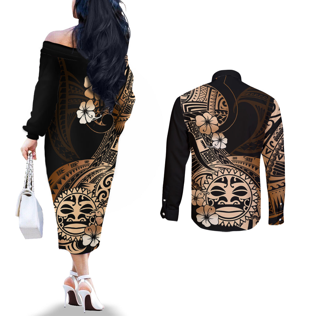 Aotearoa Kia Ora New Zealand Ta Moko Gold Version Couples Matching Off The Shoulder Long Sleeve Dress and Long Sleeve Button Shirt LT01 - Polynesian Pride