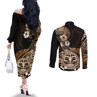 Aotearoa Kia Ora New Zealand Ta Moko Gold Version Couples Matching Off The Shoulder Long Sleeve Dress and Long Sleeve Button Shirt LT01 - Polynesian Pride