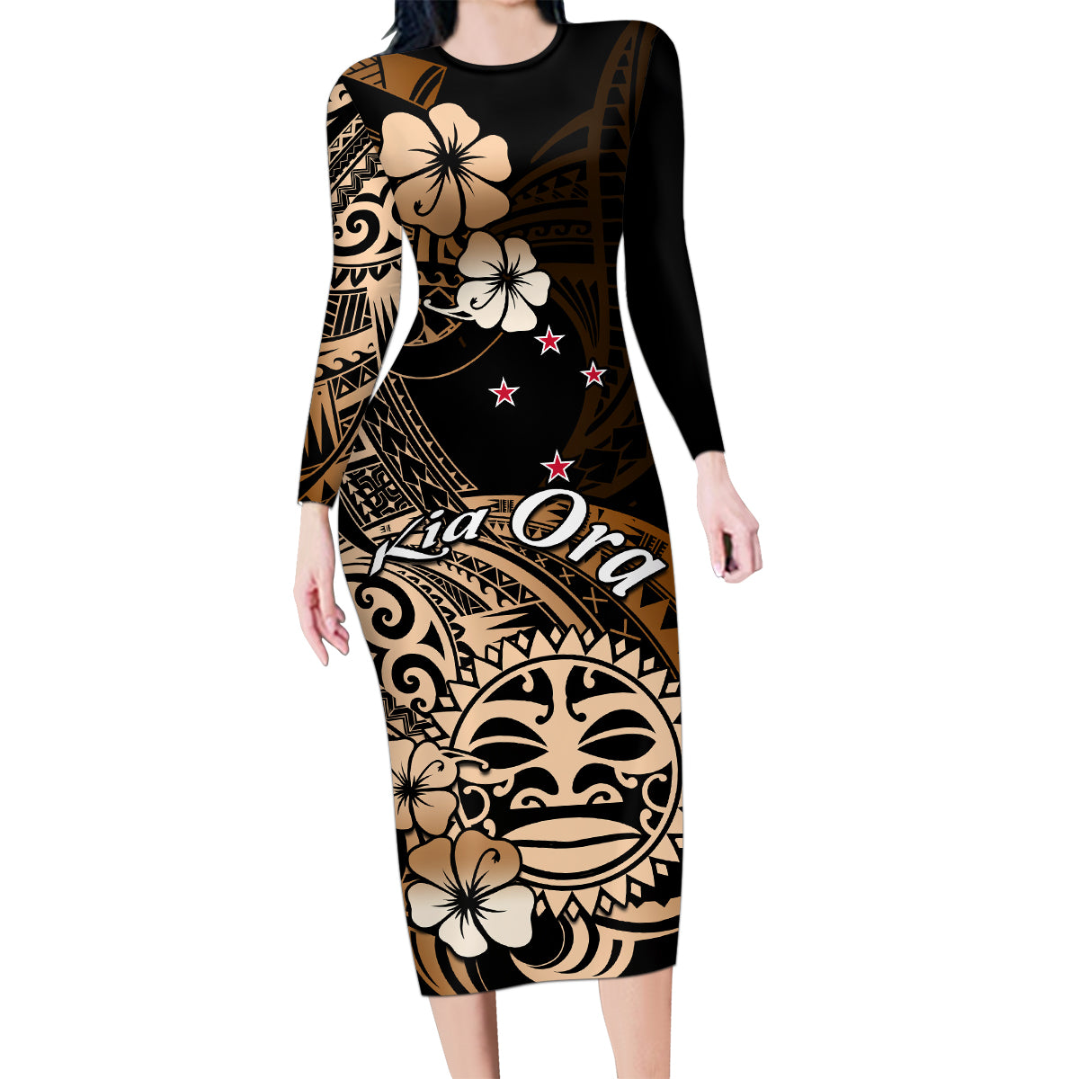 Aotearoa Kia Ora New Zealand Ta Moko Gold Version Family Matching Long Sleeve Bodycon Dress and Hawaiian Shirt LT01 Mom's Dress Gold - Polynesian Pride