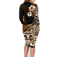 Aotearoa Kia Ora New Zealand Ta Moko Gold Version Family Matching Long Sleeve Bodycon Dress and Hawaiian Shirt LT01 - Polynesian Pride