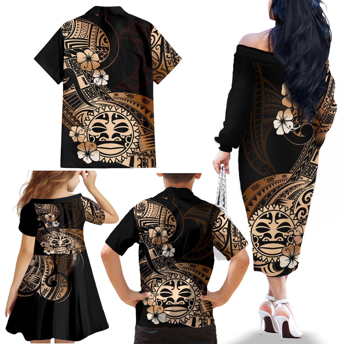 Aotearoa Kia Ora New Zealand Ta Moko Gold Version Family Matching Off Shoulder Long Sleeve Dress and Hawaiian Shirt LT01 - Polynesian Pride