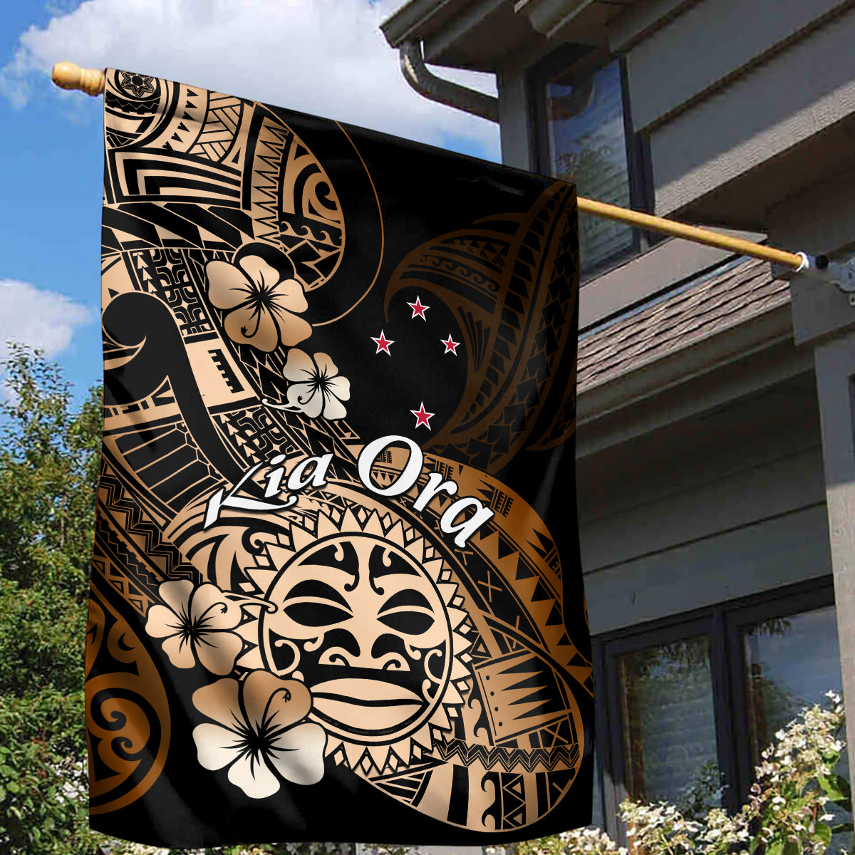 Aotearoa Kia Ora New Zealand Ta Moko Gold Version Garden Flag LT01 - Polynesian Pride