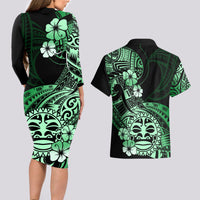 Aotearoa Kia Ora New Zealand Ta Moko Green Version Couples Matching Long Sleeve Bodycon Dress and Hawaiian Shirt LT01 - Polynesian Pride