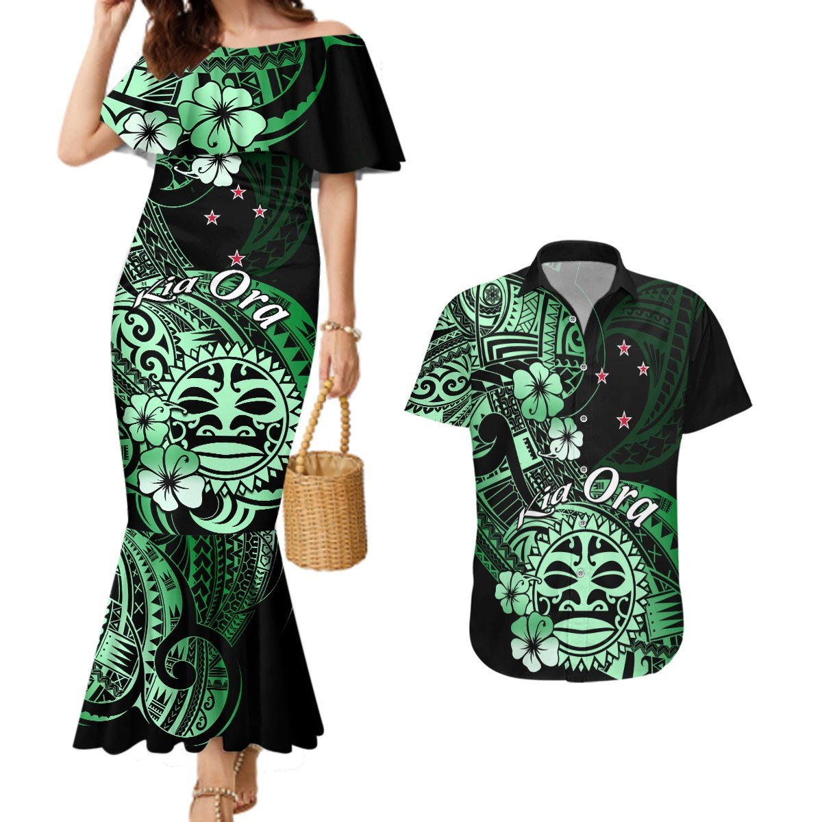 Aotearoa Kia Ora New Zealand Ta Moko Green Version Couples Matching Mermaid Dress and Hawaiian Shirt LT01 Green - Polynesian Pride