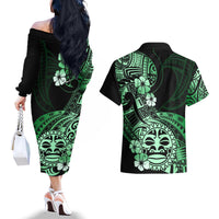 Aotearoa Kia Ora New Zealand Ta Moko Green Version Couples Matching Off The Shoulder Long Sleeve Dress and Hawaiian Shirt LT01 - Polynesian Pride