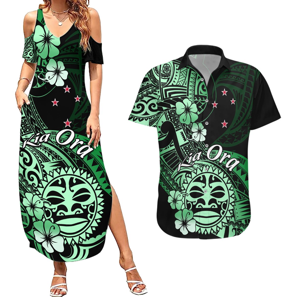 Aotearoa Kia Ora New Zealand Ta Moko Green Version Couples Matching Summer Maxi Dress and Hawaiian Shirt LT01 Green - Polynesian Pride