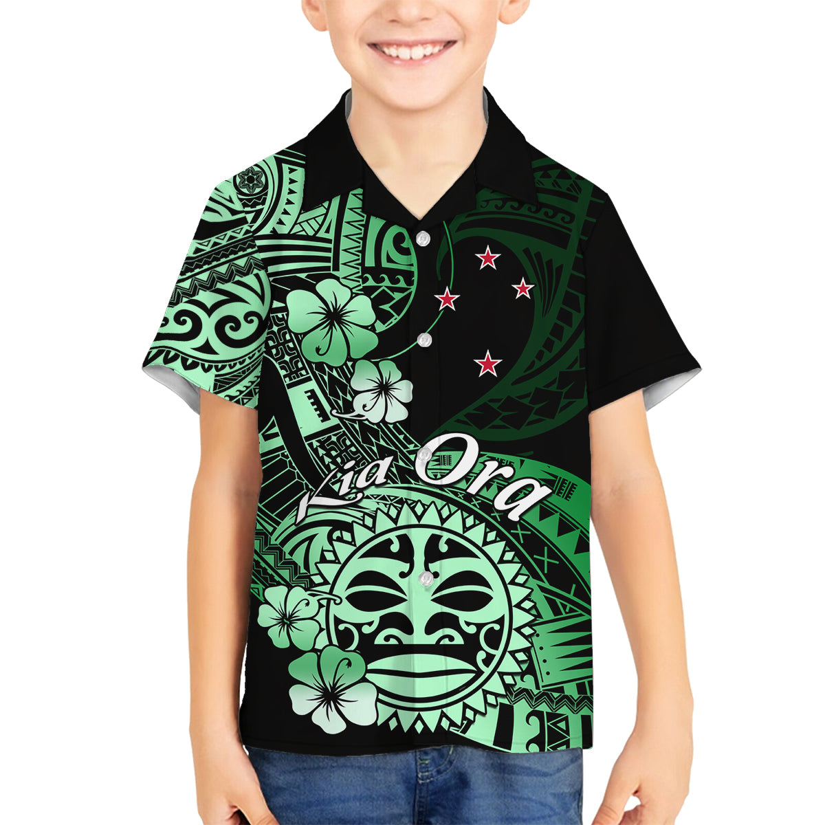 Aotearoa Kia Ora New Zealand Ta Moko Green Version Family Matching Long Sleeve Bodycon Dress and Hawaiian Shirt LT01 Son's Shirt Green - Polynesian Pride