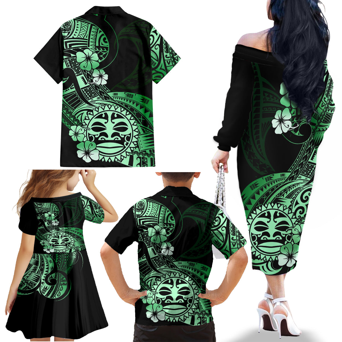 Aotearoa Kia Ora New Zealand Ta Moko Green Version Family Matching Off Shoulder Long Sleeve Dress and Hawaiian Shirt LT01 - Polynesian Pride