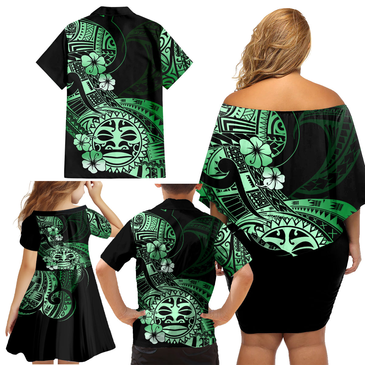 Aotearoa Kia Ora New Zealand Ta Moko Green Version Family Matching Off Shoulder Short Dress and Hawaiian Shirt LT01 - Polynesian Pride