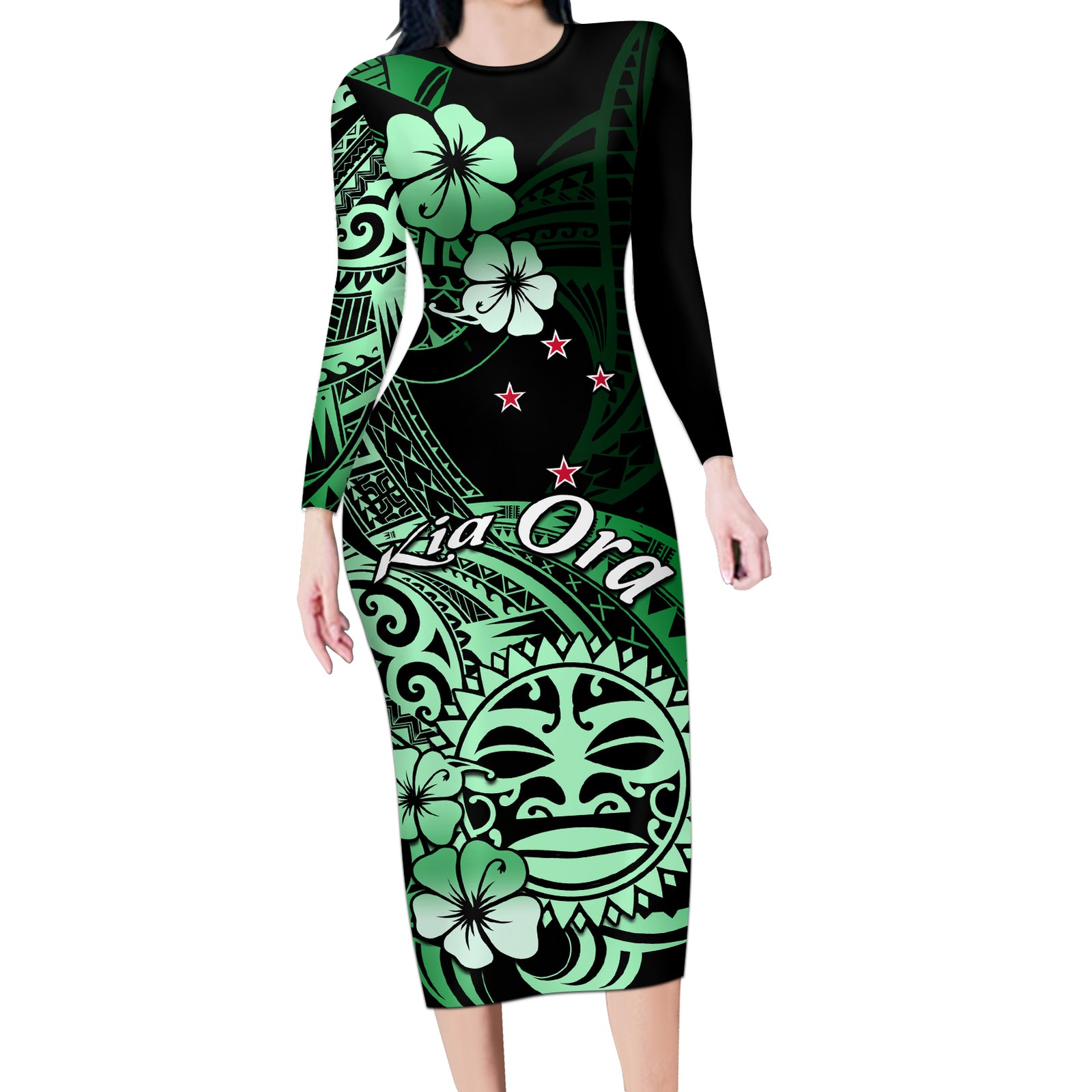 Aotearoa Kia Ora New Zealand Ta Moko Green Version Long Sleeve Bodycon Dress LT01 Long Dress Green - Polynesian Pride