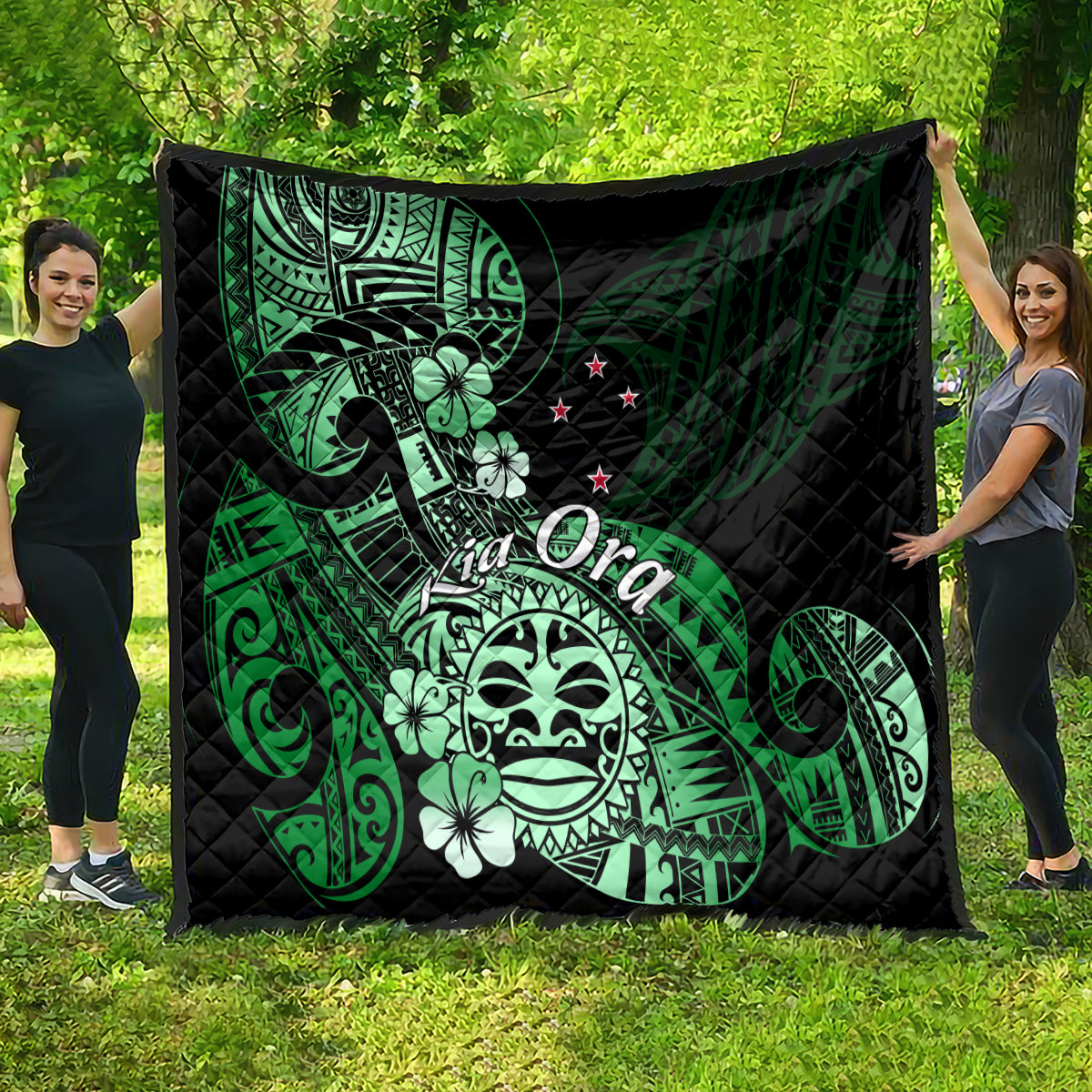 Aotearoa Kia Ora New Zealand Ta Moko Green Version Quilt LT01 - Polynesian Pride