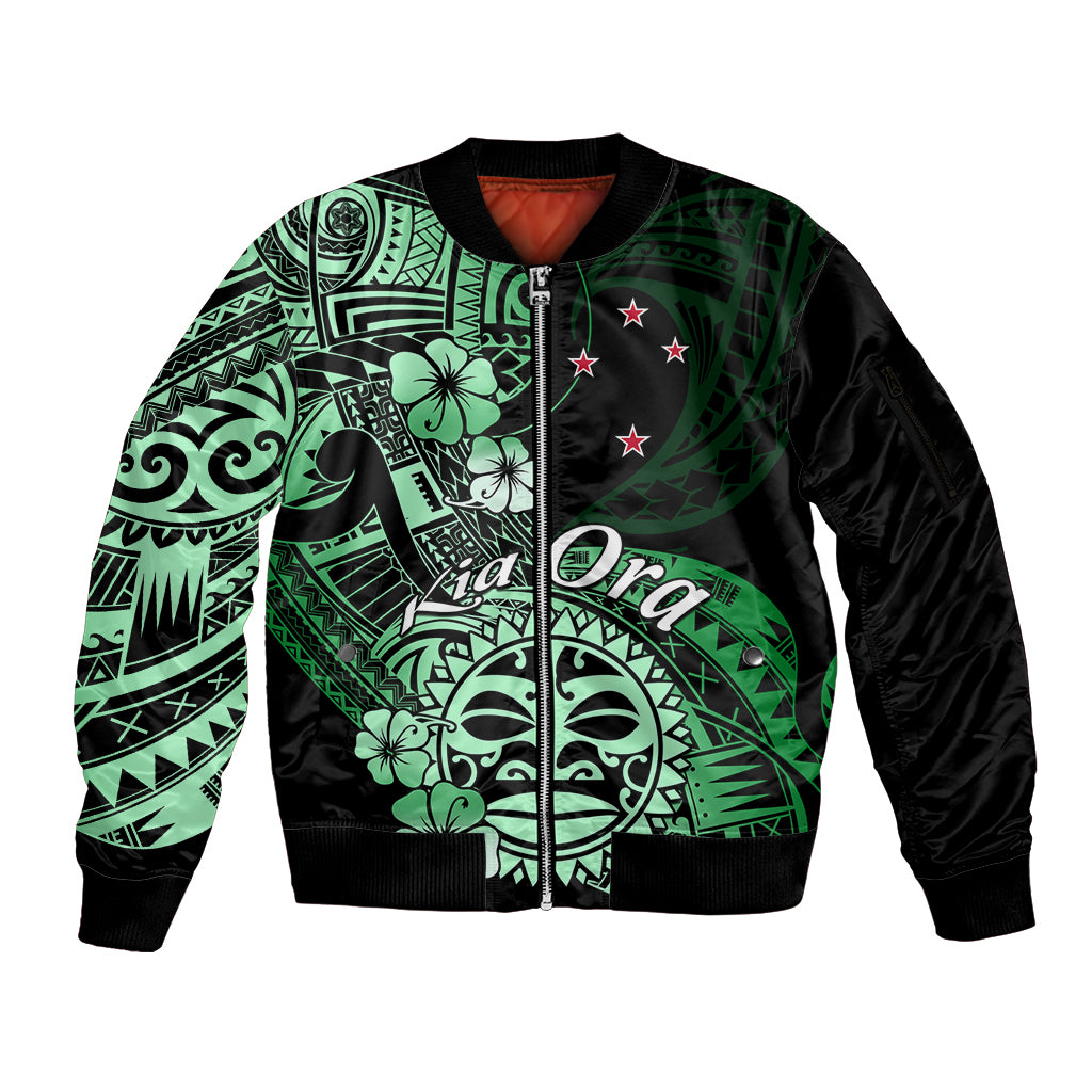 Aotearoa Kia Ora New Zealand Ta Moko Green Version Sleeve Zip Bomber Jacket LT01 Unisex Green - Polynesian Pride