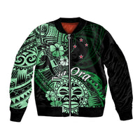 Aotearoa Kia Ora New Zealand Ta Moko Green Version Sleeve Zip Bomber Jacket LT01 Unisex Green - Polynesian Pride