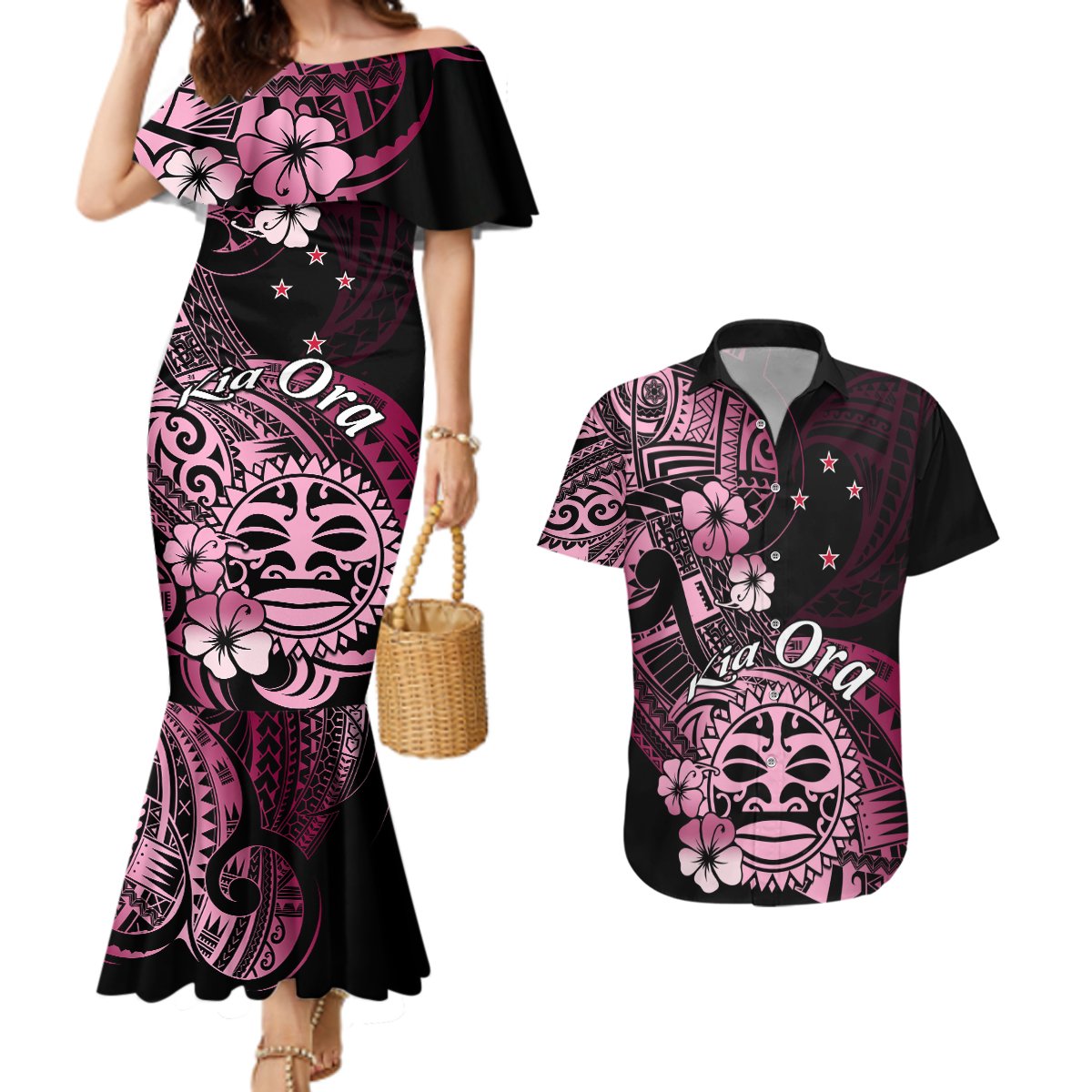 Aotearoa Kia Ora New Zealand Ta Moko Pink Version Couples Matching Mermaid Dress and Hawaiian Shirt LT01 Pink - Polynesian Pride