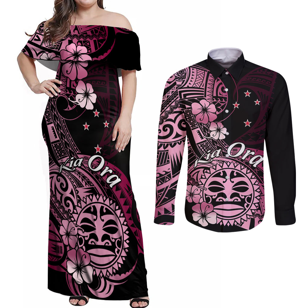 Aotearoa Kia Ora New Zealand Ta Moko Pink Version Couples Matching Off Shoulder Maxi Dress and Long Sleeve Button Shirt LT01 Pink - Polynesian Pride