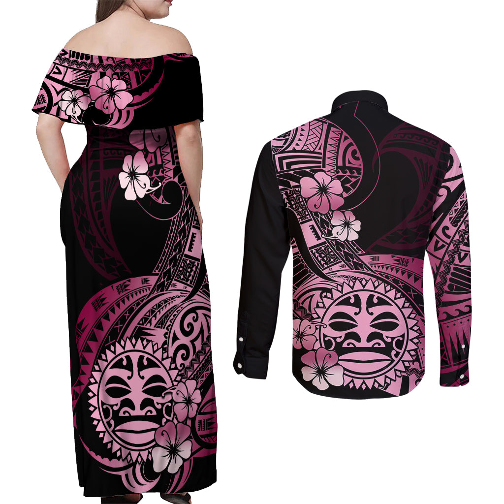 Aotearoa Kia Ora New Zealand Ta Moko Pink Version Couples Matching Off Shoulder Maxi Dress and Long Sleeve Button Shirt LT01 - Polynesian Pride