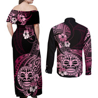 Aotearoa Kia Ora New Zealand Ta Moko Pink Version Couples Matching Off Shoulder Maxi Dress and Long Sleeve Button Shirt LT01 - Polynesian Pride