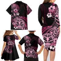 Aotearoa Kia Ora New Zealand Ta Moko Pink Version Family Matching Long Sleeve Bodycon Dress and Hawaiian Shirt LT01 - Polynesian Pride