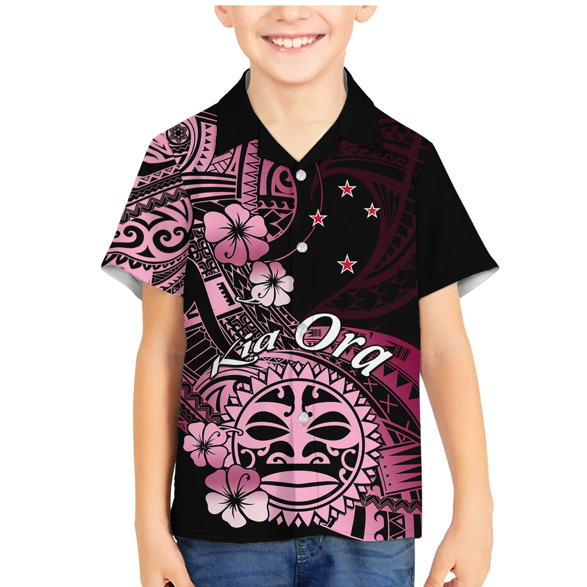 Aotearoa Kia Ora New Zealand Ta Moko Pink Version Family Matching Mermaid Dress and Hawaiian Shirt LT01 Son's Shirt Pink - Polynesian Pride