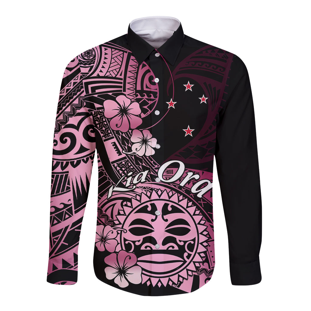 Aotearoa Kia Ora New Zealand Ta Moko Pink Version Long Sleeve Button Shirt LT01 Unisex Pink - Polynesian Pride