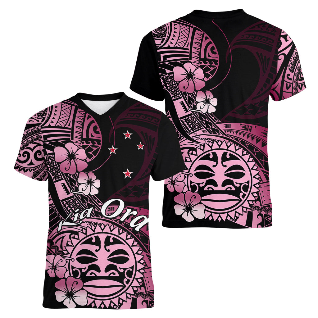 Aotearoa Kia Ora New Zealand Ta Moko Pink Version Women V Neck T Shirt LT01 - Polynesian Pride