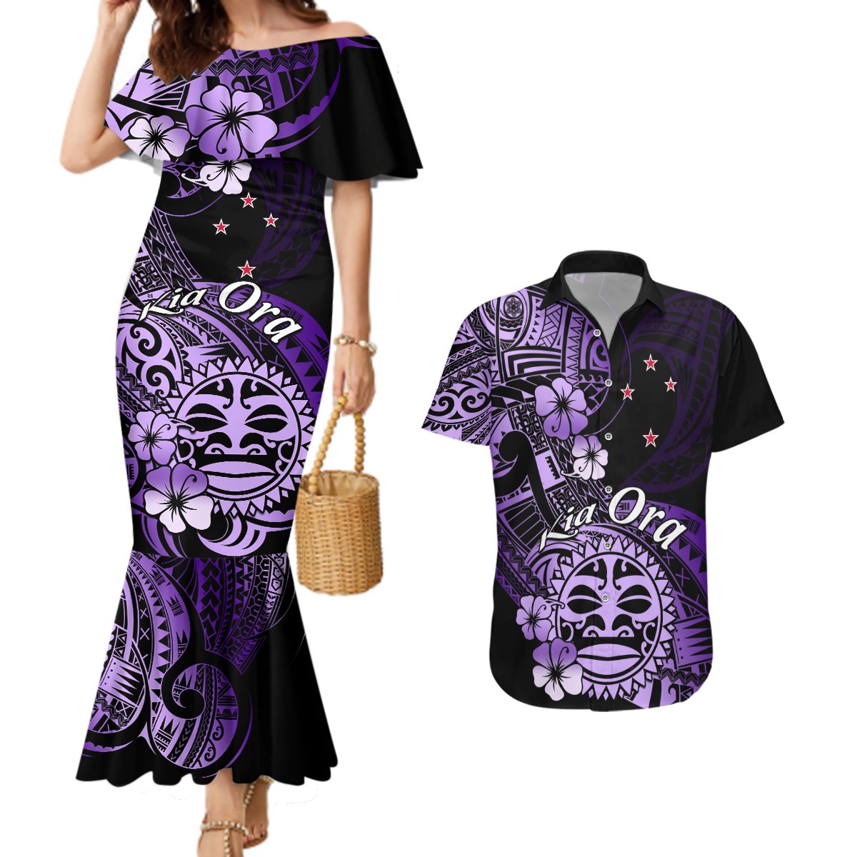 Aotearoa Kia Ora New Zealand Ta Moko Purple Version Couples Matching Mermaid Dress and Hawaiian Shirt LT01 Purple - Polynesian Pride