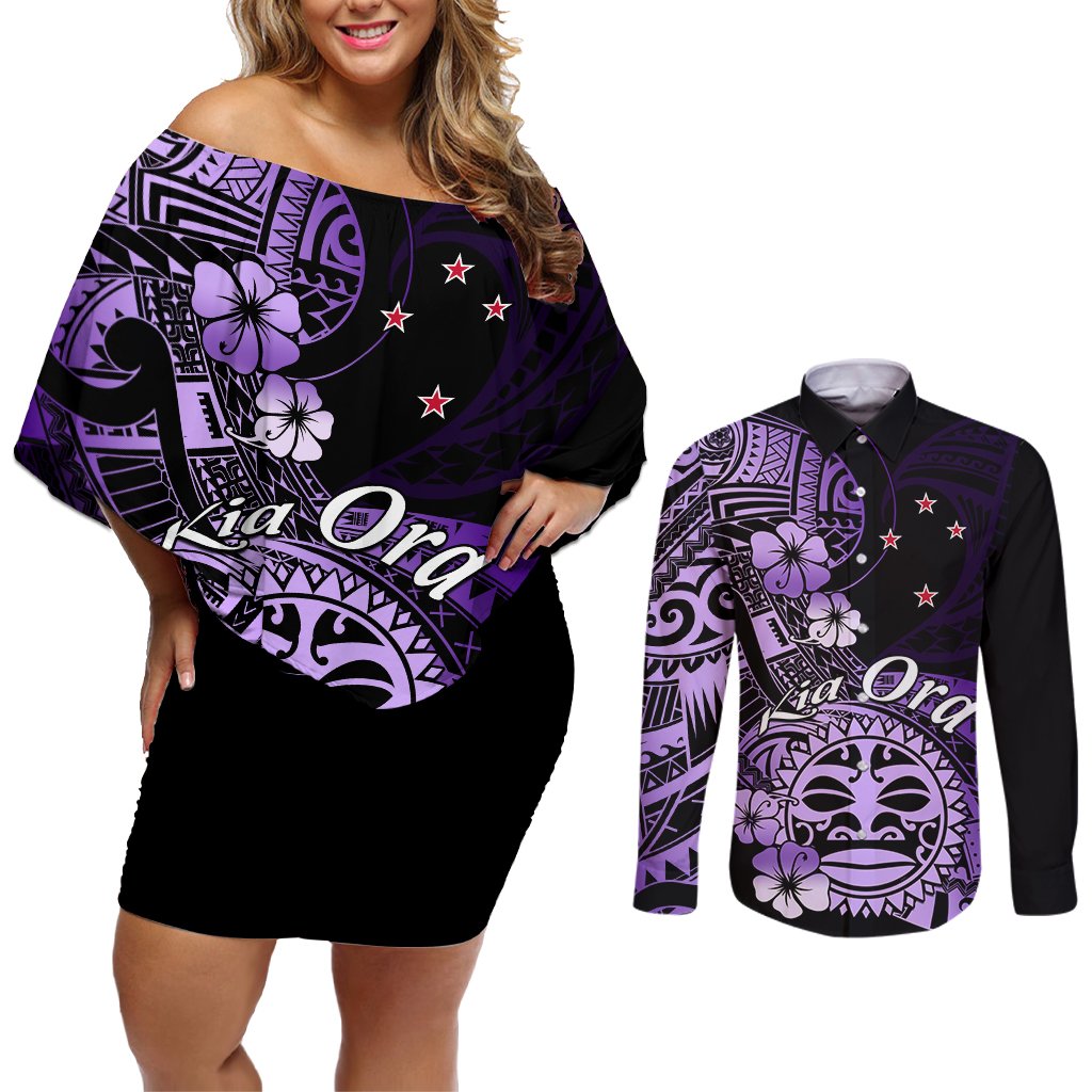 Aotearoa Kia Ora New Zealand Ta Moko Purple Version Couples Matching Off Shoulder Short Dress and Long Sleeve Button Shirt LT01 Purple - Polynesian Pride