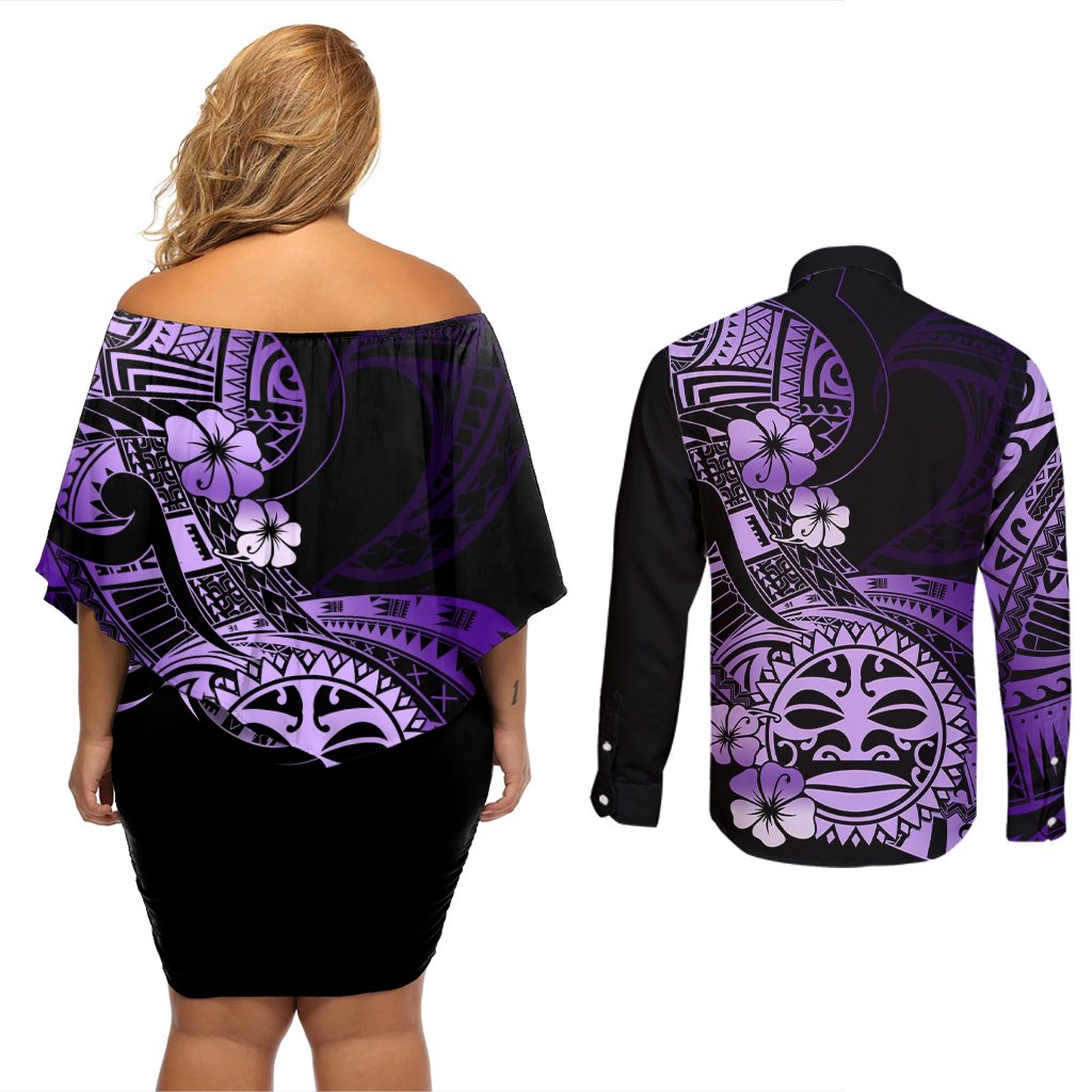 Aotearoa Kia Ora New Zealand Ta Moko Purple Version Couples Matching Off Shoulder Short Dress and Long Sleeve Button Shirt LT01 - Polynesian Pride