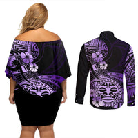 Aotearoa Kia Ora New Zealand Ta Moko Purple Version Couples Matching Off Shoulder Short Dress and Long Sleeve Button Shirt LT01 - Polynesian Pride